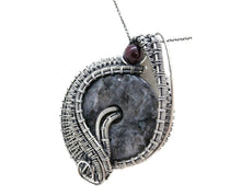 Load image into Gallery viewer, Larvikite Wire-Wrapped Pendant in Sterling Silver with Garnet; &quot;Woven Donut&quot;