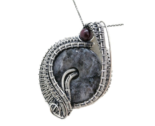 Larvikite Wire-Wrapped Pendant in Sterling Silver with Garnet; 