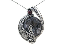 Load image into Gallery viewer, Larvikite Wire-Wrapped Pendant in Sterling Silver with Garnet; &quot;Woven Donut&quot;
