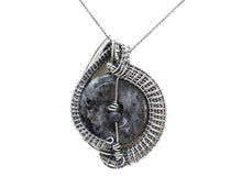 Load image into Gallery viewer, Larvikite Wire-Wrapped Pendant in Sterling Silver with Garnet; &quot;Woven Donut&quot;