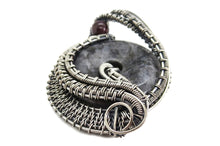 Load image into Gallery viewer, Larvikite Wire-Wrapped Pendant in Sterling Silver with Garnet; &quot;Woven Donut&quot;