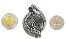 Load image into Gallery viewer, Larvikite Wire-Wrapped Pendant in Sterling Silver with Garnet; &quot;Woven Donut&quot;