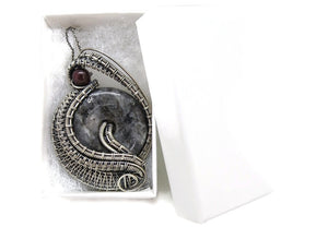 Larvikite Wire-Wrapped Pendant in Sterling Silver with Garnet; "Woven Donut"