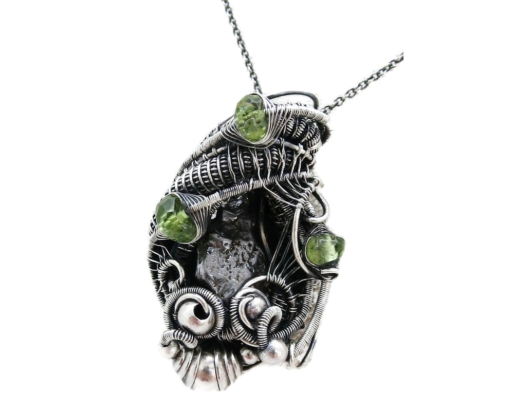 Campo del Cielo Meteorite Pendant, Wire-Wrapped in Sterling Silver with Peridot