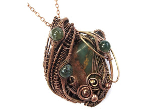 African Green Opal Pendant in Copper with Moss Agate