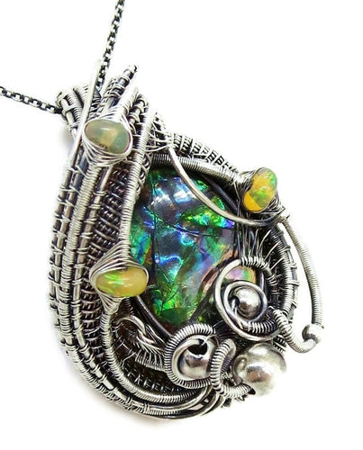 Blue-Green-Yellow Ammolite Pendant with Ethiopian Welo Opals in Sterling Silver