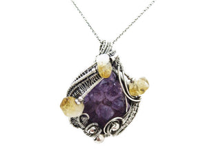 Amethyst Druzy Pendant with Citrine, Wire-Wrapped in Sterling Silver