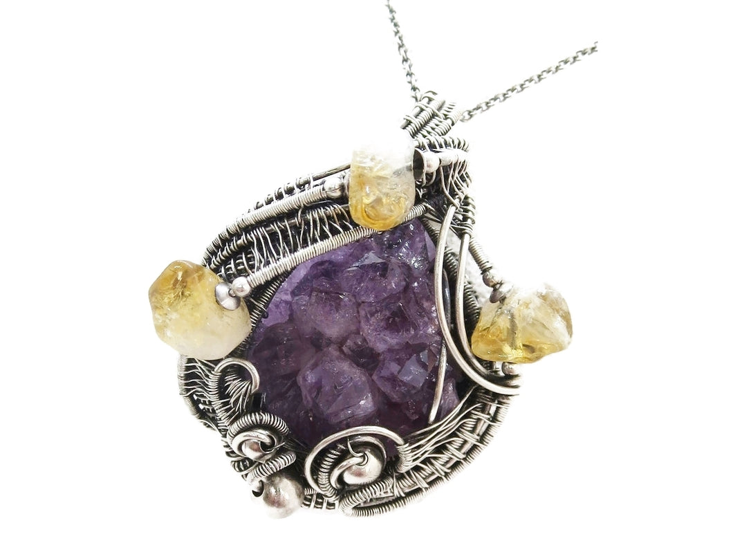 Amethyst Druzy Pendant with Citrine, Wire-Wrapped in Sterling Silver