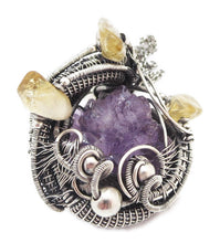 Load image into Gallery viewer, Amethyst Druzy Pendant with Citrine, Wire-Wrapped in Sterling Silver