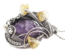 Load image into Gallery viewer, Amethyst Druzy Pendant with Citrine, Wire-Wrapped in Sterling Silver