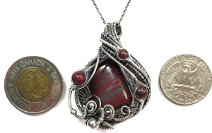Tiger Iron Pendant, Wire-Wrapped with Red Jasper