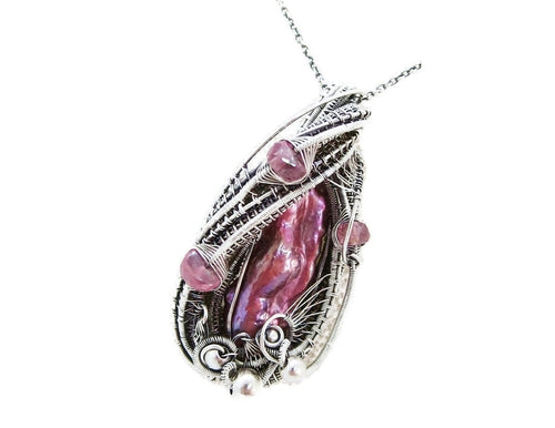 Pink Biwa Stick Pearl Pendant with Pink Tourmaline in Sterling Silver