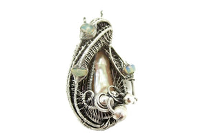 Cream Pearl Pendant with Ethiopian Opals, Wire-Wrapped in Sterling Silver