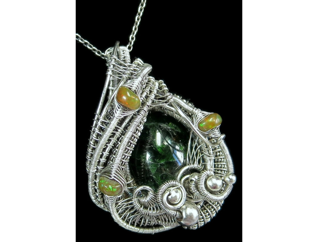 Chrome Diopside Wire-Wrapped Pendant with Ethiopian Opals