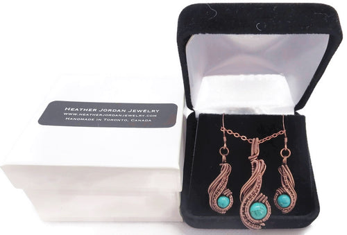 Custom Gemstone and Copper Wire-Wrapped Necklace & Earrings Set; 