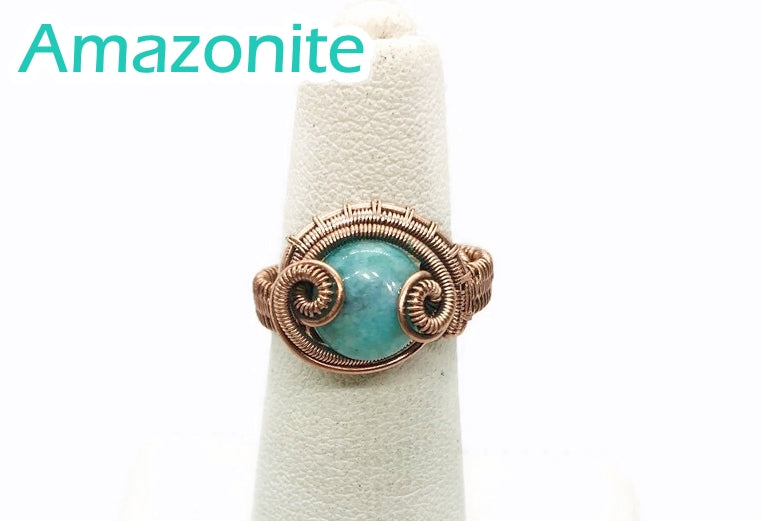 Adjustable Woven Copper Ring with Custom Gemstone; 