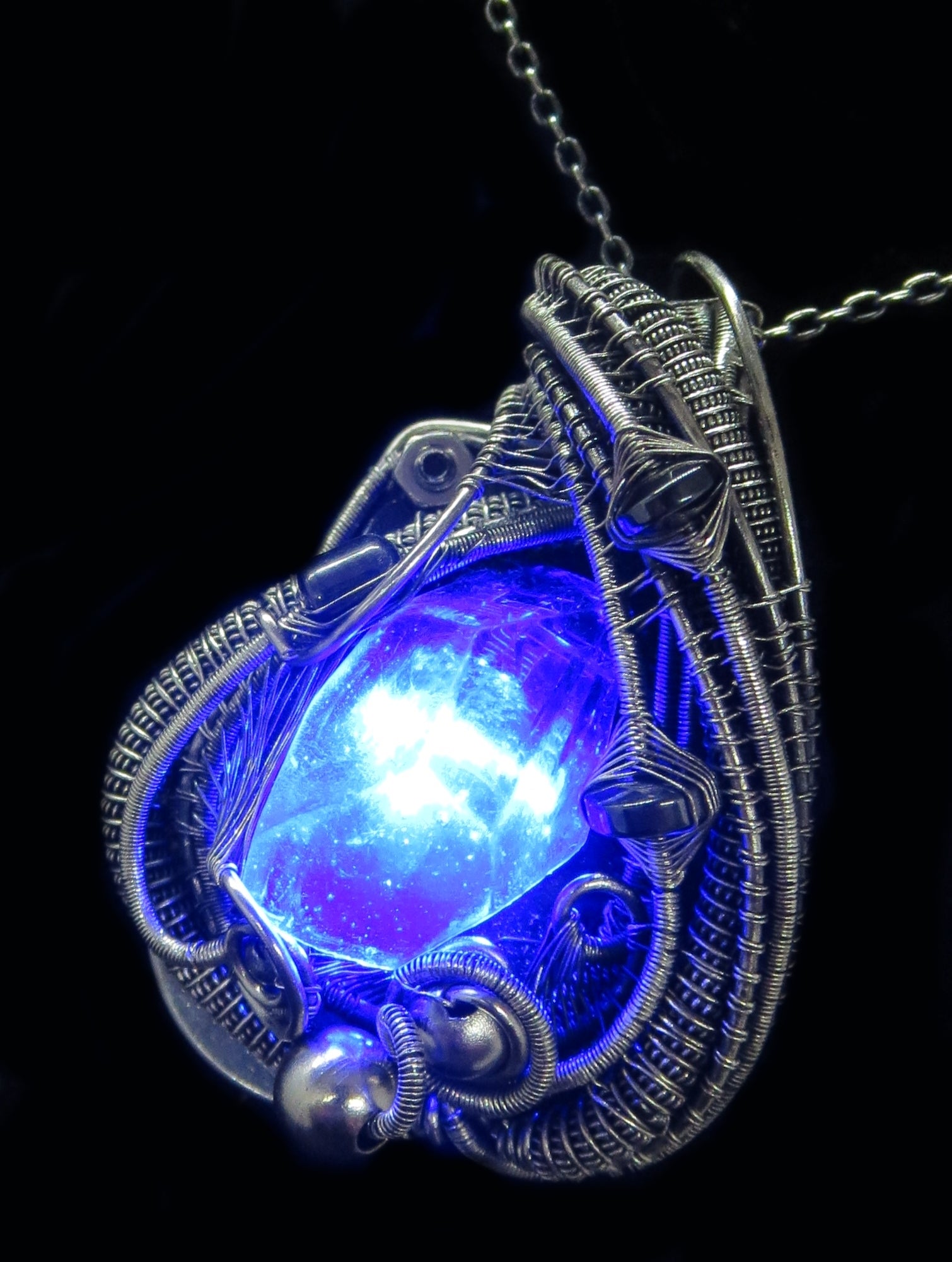 Custom Colored Resin Gem LED Pendants, Wire-Wrapped in Oxidized Sterling Silver