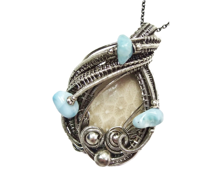 Fossilized Coral Wire-Wrapped Pendant in Sterling Silver with Larimar - Heather Jordan Jewelry