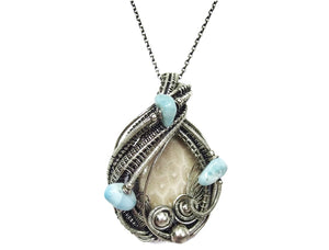 Fossilized Coral Wire-Wrapped Pendant in Sterling Silver with Larimar - Heather Jordan Jewelry