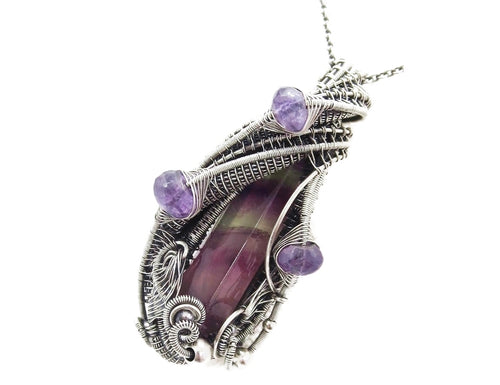 Rainbow Fluorite Pendant with Amethyst, Wire-Wrapped in Sterling Silver