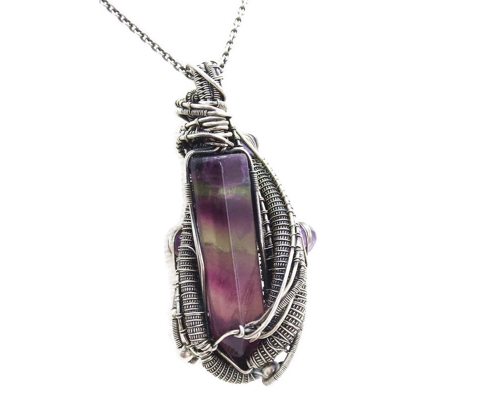 Fluorite Argentium Silver Wire Wrapped on A Rhodium Plated Sterling Silver Chain Iridescent Clear with Purple Hugh, Mini Coil