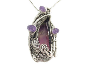 Rainbow Fluorite Pendant with Amethyst, Wire-Wrapped in Sterling Silver