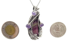Load image into Gallery viewer, Rainbow Fluorite Pendant with Amethyst, Wire-Wrapped in Sterling Silver