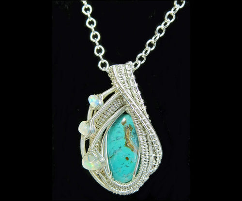 Gem Silica Chrysocolla Wire-Wrapped Pendant in Sterling Silver with Ethiopian Welo Opals - Heather Jordan Jewelry