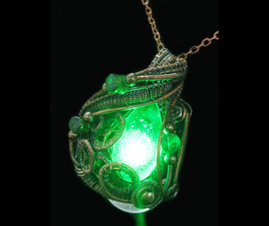 Green Teardrop Screened Resin Gem LED Steampunk Pendant in Bronze