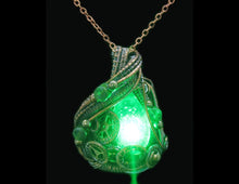 Load image into Gallery viewer, Green Teardrop Screened Resin Gem LED Steampunk Pendant in Bronze