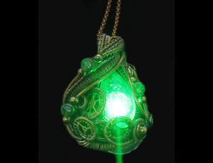 Green Teardrop Screened Resin Gem LED Steampunk Pendant in Bronze