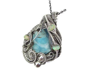 Blue Botyroidal Hemimorphite Druzy Wire-Wrapped Pendant in Sterling Silver with Ethiopian Welo Opals - Heather Jordan Jewelry