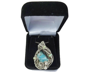 Blue Botyroidal Hemimorphite Druzy Wire-Wrapped Pendant in Sterling Silver with Ethiopian Welo Opals - Heather Jordan Jewelry