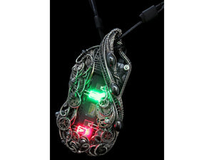 Iridescent Chip Steampunk/Cyberpunk Fusion Necklace with Upcycled Watch Parts & LEDs