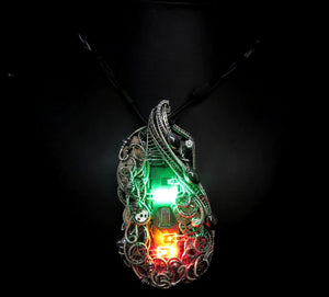 Iridescent Chip Steampunk/Cyberpunk Fusion Necklace with Upcycled Watch Parts & LEDs