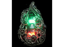 Load image into Gallery viewer, Iridescent Chip Steampunk/Cyberpunk Fusion Necklace with Upcycled Watch Parts &amp; LEDs