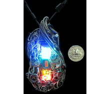 Load image into Gallery viewer, Iridescent Chip Steampunk/Cyberpunk Fusion Necklace with Upcycled Watch Parts &amp; LEDs