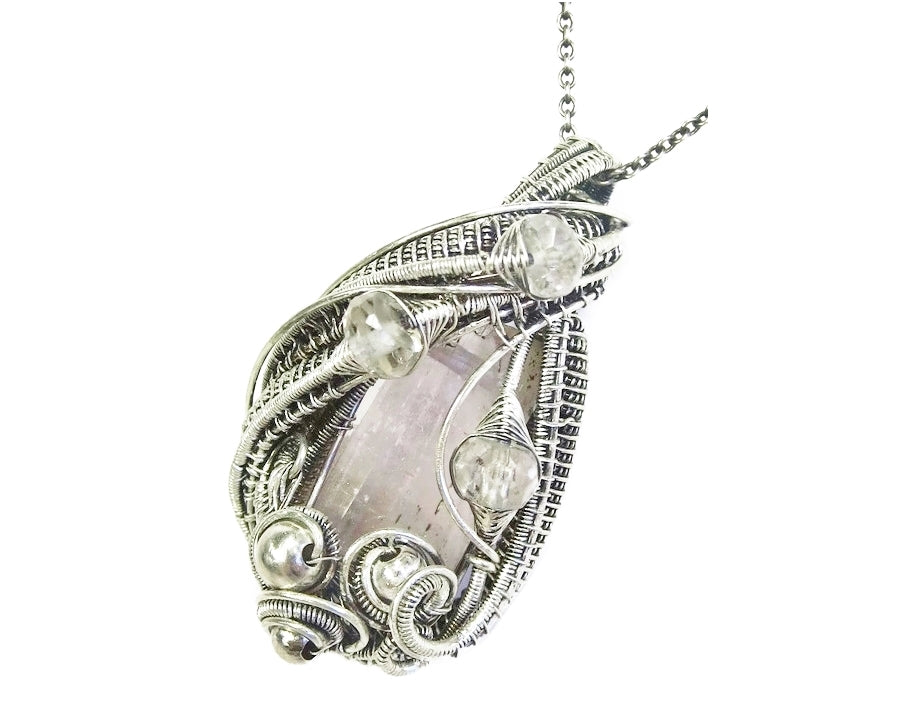 Pink Kunzite Crystal Wire-Wrapped Pendant in Sterling Silver with Morganite