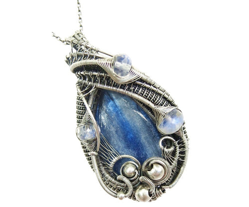 Blue Kyanite Wire-Wrapped Pendant with Rainbow Moonstone