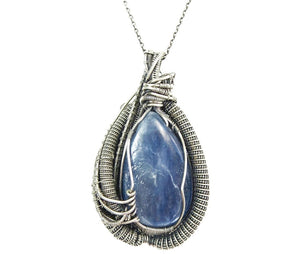 Blue Kyanite Wire-Wrapped Pendant with Rainbow Moonstone