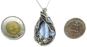 Blue Kyanite Wire-Wrapped Pendant with Rainbow Moonstone