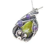 Load image into Gallery viewer, Lemon Jasper Wire-Wrapped Pendant with Amethyst