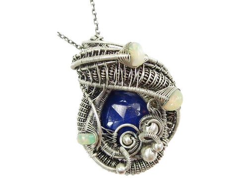 Lapis Lazuli Wire-Wrapped Pendant with Ethiopian Welo Opals