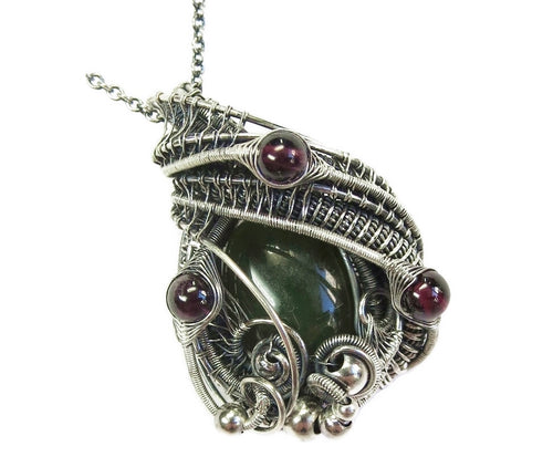 Nephrite Jade & Rhodolite Garnet Pendant, Wire-Wrapped in Sterling Silver