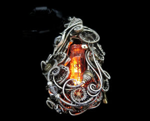 Orange Nixie Tube Cyberpunk Necklace with Upcycled Electronic and Watch Parts