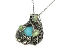 Load image into Gallery viewer, Peruvian Blue Opal Wire-Wrapped Pendant with Ethiopian Welo Opals
