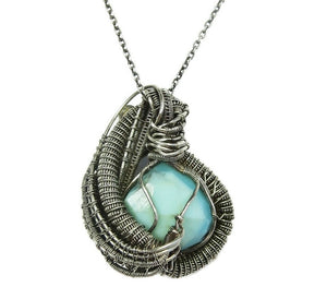 Peruvian Blue Opal Wire-Wrapped Pendant with Ethiopian Welo Opals