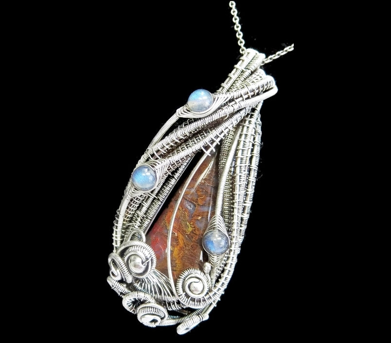 Plume Agate Wire-Wrapped Pendant in Antiqued Sterling Silver with Blue Labradorite