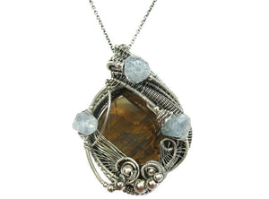 Petrified Wood and Aquamarine Pendant, Wire-Wrapped in Sterling Silver
