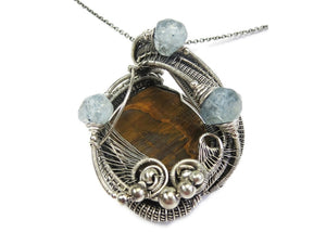 Petrified Wood and Aquamarine Pendant, Wire-Wrapped in Sterling Silver